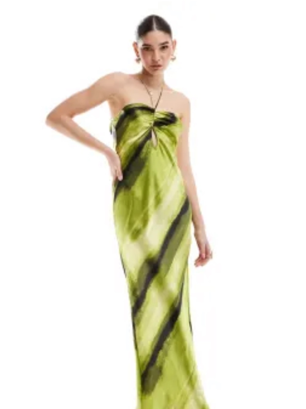 ASOS Strapless Lime Green Maxi Dress with Black Brushstroke Pattern